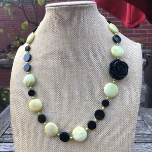 Green/White Marbled with Black Beads Necklace